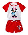 Neşeli Bebeklerimiz Fare Baskılı Kısa Kollu Kız Penye Şortlu Takım Kırmızı