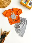 Neşeli Bebekler Baskılı Önden Cepli Penye Takım Turuncu
