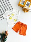 Neşeli Bebekler Güneş Baskılı Fırfır Kısa Kollu Şort Takım Turuncu