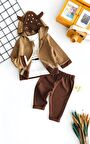 Neşeli Bebekler Kapüşonlu Hırkalı Armalı İki İp Kumaş Üçlü Takım Kahverengi