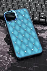 iPhone 13 Uyumlu Baklava Desenli Pırlanta Taşlı Sert Kapak Kılıf Petrol Mavi