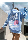 Unisex Good Vibes Baskılı Mavi Oversize Kapüşonlu Sweatshirt