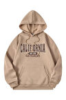 Unisex California Baskılı Açık Kahverengi Oversize Kapüşonlu Sweatshirt