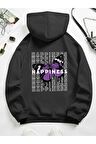 Unisex Happiness Kelebek Baskılı Siyah Oversize Kapüşonlu Sweatshirt