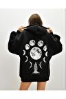 Unisex Ay Baskılı Oversize Kapüşonlu Siyah Sweatshirt