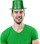 Yeşil Renk Parıltılı Simli Fötr Silindir Parti Şapkası