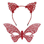 Nessiworld Gösterişli Kırmızı Dantel Maske ve Taç Seti 7 No - Masquerade ve Davetler için