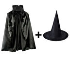 Siyah Yakalı Pelerin ve Siyah Cadı Şapkası Seti Çocuk Boy