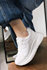 Triko Detaylı Kalın Taban Rahat Kalıp Bağcıklı Kadın Beyaz Sneaker