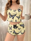 Beru Kadın Sarı Kelebek Desenli Askılı Şortlu Ribana Pijama Takımı,rahat Ve Şık Ev Giyim,kadın Pijama Najmaddin