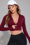 Beru Kadın Bordo Uzun Kol Fermuarlı Parmak Geçme Detaylı Dik Yaka Crop Top Bluz Najmaddin