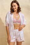 Beru Saten Bride Baskılı Dantelli Sabahlık Balensiz Desteksiz Dolgusuz Bralet Sütyen Ve Şort 3'lü Takım Najmaddin