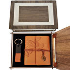 Özel Ahşap Kutulu Taba Deri Defter ve Anahtarlık Set