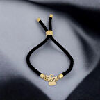 Özgün Mevlana Motifli Siyah Örgü Detaylı ve 14 Ayar Altın Plakalı O Harfli Bileklik