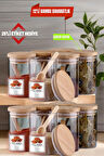 12 Adet Cam Vakumlu Bambu Kapaklı Borosilikat Baharatlık, Saklama Kabı, Çerezlik (200 ml)