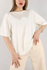 Ekru Unisex Pamuk Bisiklet Yaka Boyfriend Örme Oversize T-Shirt