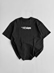 Baskılı Oversize Bisiklet Yaka T-shirt - Siyah