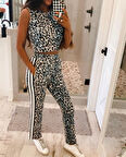 Kadın Dalgıç Kumaş Dijital Leopar Baskılı şerit Detaylı Takım