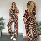 Kadın Dalgıç Kumaş Dijital Leopar Baskılı şerit Detaylı Takım