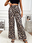 Kadın Yüksek Bel Beli Lastikli Bağcıklı Leopar Desenli Süprem Pantolon