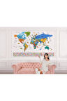Oxyteez   Türkçe Dünya Haritası Ayrıntılı Eğitici Sembollü Bayraklı Dekoratif Duvar Kağıdı-2886 2886