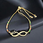 Şık Sonsuzluk Kelebek Motifli, Renkli Taş Desenli ve 14 Ayar Altın Plakalı Özge Bilekliği