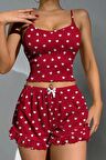 Askılı Mini Şortlu Pijama Takımı Kırmızı Kalp Kaşkorse Fitilli