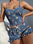 Askılı Mini Şortlu Pijama Takımı Winnie Kaşkorse Fitilli