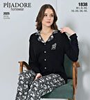 Pijadore Kadın Battal Uzun Kollu Boydan Düğmeli Pijama Takımı Siyah