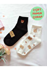 2 ÇİFT PAMUKLU KOKULU TEDDY KADIN ÇORAP YUMUŞAK DİKİŞSİZ AYICIK DESEN EKRU VE SİYAH ARA KONÇ 36 40