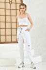 Taş ve Nakış İşlemeli Belden Lastikli Beyaz Kadın Pantolon