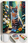 Sayılarla Boyama Seti Numaralı Tuval Fırça Boya 40x50 Cm - PAPATYALAR İÇİNDE KEDİ