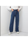 2035 Kadın Likralı Yanı Yırtmaçlı Bol Paça Jeans Kot Denim Pantolon