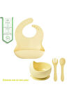 Çocuk Silikon Mama Önlüğü, Silikon Vakumlu Kase, Silikon Kaşık Ve Çatal / Sarı