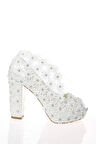 Kadın Moda Beyaz Sedef Inci Taş Işlemeli Gelin Ayakkabı Topuklu Düğün Nişan Gece Abiye Ayakkabı