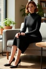 Kadın Midi Örme Elbise Bodycon Kalıbı Dik Yaka Uzun Standart Kol Yırtmaç Detaylı Düz Tasarım Kış