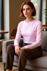 Kadın Pembe Viskon Ribana Dokulu Fitted Bisiklet Yaka Uzun Kollu Crop Bluz Günlük Kullanıma Uygun