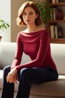 Kadın Bordo Kayık Yaka Drapeli Fitted Esnek Örme Uzun Kollu Bluz Smart Casual Günlük ve Gece