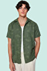 Erkek Kisa Kollu Tropikal Desenli Apaş Yaka Gömlek Pamuklu Yazlık Günlük Tarz Modern Tasarım
