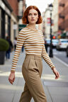Kadın Bisiklet Yaka Çizgili Fitted Akrilik Triko Uzun Kol Basic Günlük Kazak Stili Kaliteli