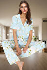 Kadın Pamuklu Çiçek Desenli Pijama Takımı Rahat Kalıp Uzun Paça Modern Stil Kaliteli İşçilik