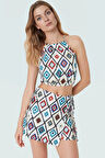 Çok Geometrik Desenli Fitted Halter Yaka Bluz ve Mini Etek Yaz Takımı Modern Stil