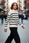 Kadın Oversize Dik Yaka Çizgili Triko Kazak Uzun Kollu Kışlık Rahat Basic Giyim Kaliteli Şık
