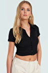 Polo Yaka Kısa Kollu Crop Bluz Pamuk Polyester Örme Yazlık Dayanıklı Malzeme Seçkin