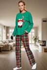 Kadın Kışlık %100 Pamuklu Pijama Takımı Rahat Yılbaşı Baskısı Konforlu Kesim Ve Şık