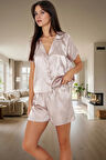 Kadın Saten Pijama Takımı Kısa Kollu Gömlek ve Şort Rahat Ev Giyim Seti Özel Tasarım Modern Stil