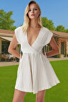 Yazlık Keten Karışımlı Mini Elbise V Yaka Dokuma Plaj Elbisesi Profesyonel Görünüm Dayanıklı Malzeme