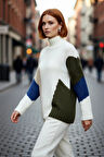 Kadın Oversize Dik Yaka Renk Bloklu Düşük Kol Selanik Dokuma Uzun Triko Kazak Kışlık Kombinlerin