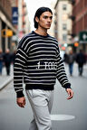 Unisex Oversize Çizgili Bisiklet Yaka Triko Kazak Kış Günleri İçin Rahat Ve Şık Bir Seçim Kaliteli