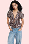 Kadın Leopar Desenli Bağlamalı Bluz Basic Kalıp Pamuk Günlük Kullanım Yaz Aylarının Vazgeçilmezi